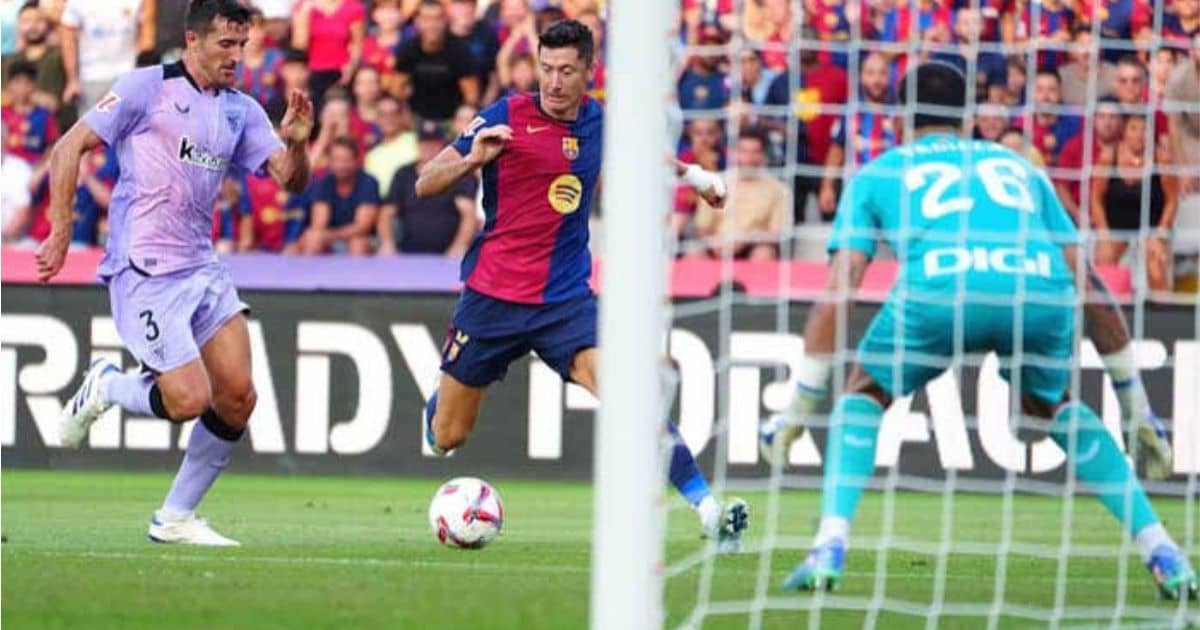 FC Barcelona and Athletic Club players competing on the pitch during their La Liga match at Spotify Camp Nou.