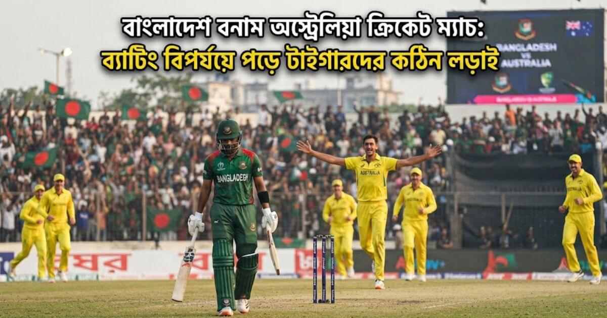 বাংলাদেশ বনাম অস্ট্রেলিয়া ক্রিকেট ম্যাচে ব্যাটারদের রান নেওয়ার মুহূর্ত ও স্টেডিয়ামের দৃশ্য।