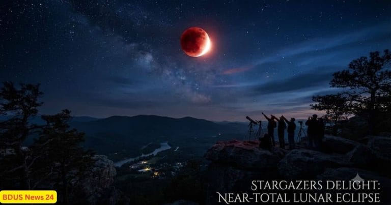 A vibrant red blood moon shining brightly during a near-total lunar eclipse in the night sky.