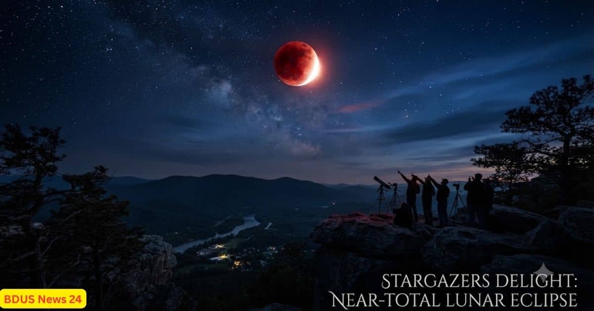 A vibrant red blood moon shining brightly during a near-total lunar eclipse in the night sky.