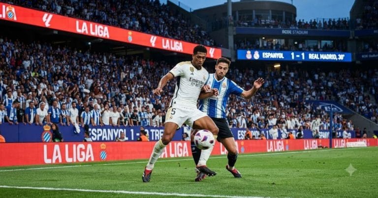 Action from the La Liga match between Espanyol and Real Madrid at RCDE Stadium.