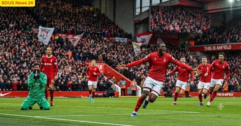Dan Ndoye celebrates his opening goal for Nottingham Forest against Liverpool at Anfield
