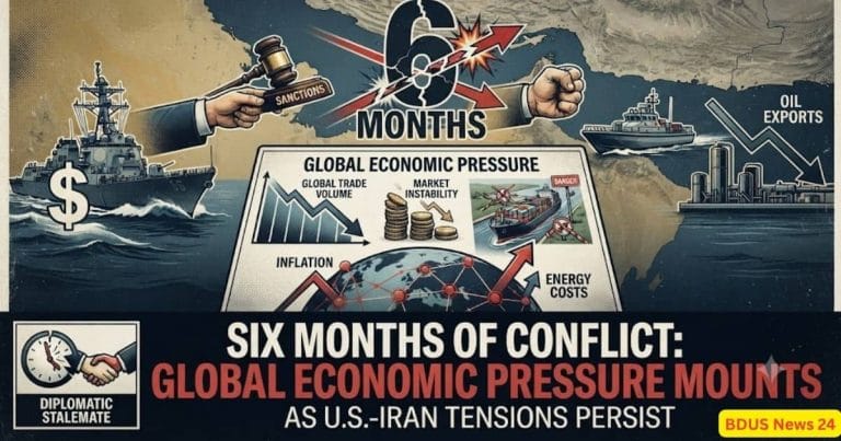 U.S.-Iran tensions and global economic pressure infographic after six months of conflict.