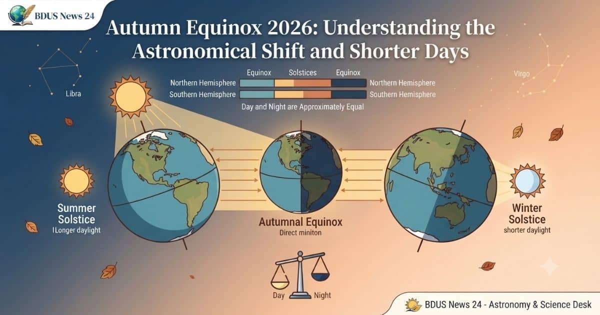 BDUS News 24 infographic on Autumn Equinox 2026 and Earth tilt