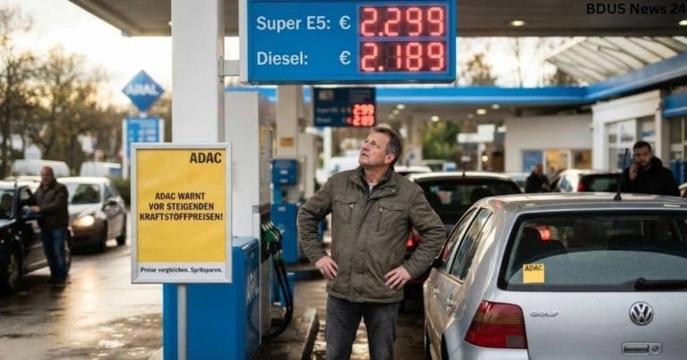ADAC fuel price warning sign at a German gas station