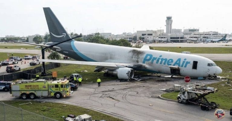 Amazon Prime Air cargo plane after runway excursion at Miami International Airport