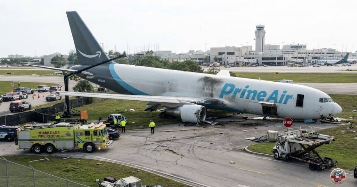 Amazon Prime Air cargo plane after runway excursion at Miami International Airport