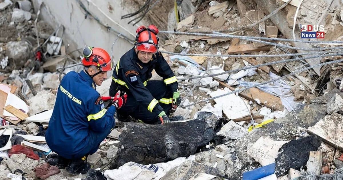 Rescue workers searching through the rubble after a building explosion near Athens Acropolis