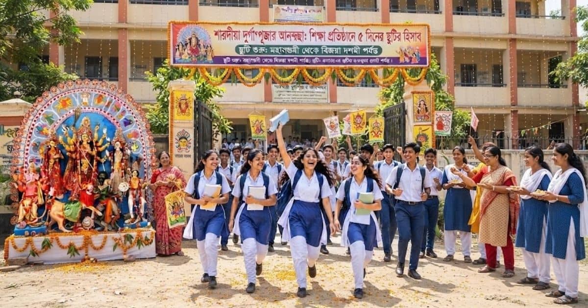 শারদীয় দুর্গাপূজা ও শিক্ষাপ্রতিষ্ঠানের ছুটির হিসাব নিয়ে তৈরি ফিচার ইমেজ।