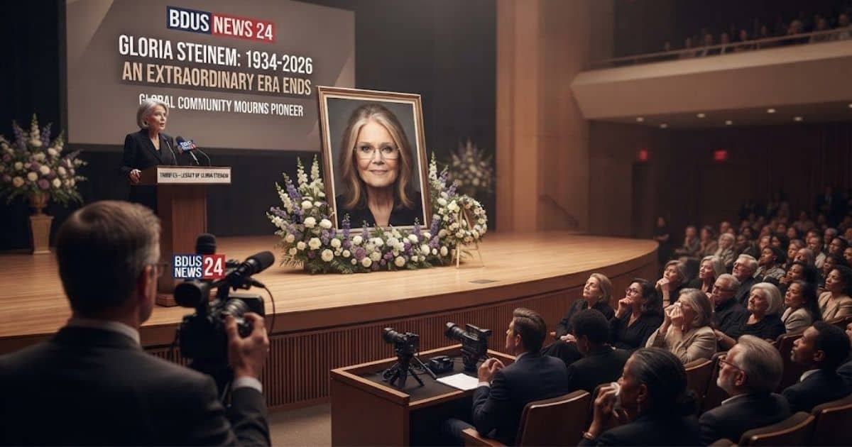 Portrait of legendary feminist icon and writer Gloria Steinem featured in the global tribute update on BDUS News 24.