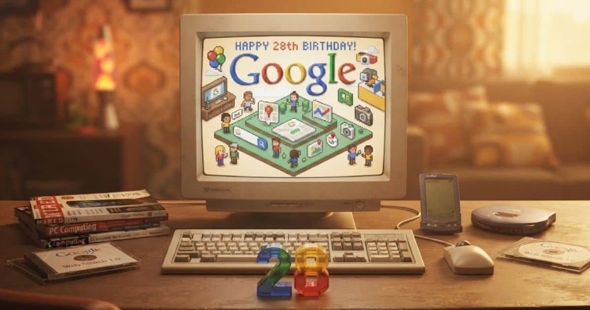 Google celebrating 28th birthday with a nostalgic doodle on a computer screen