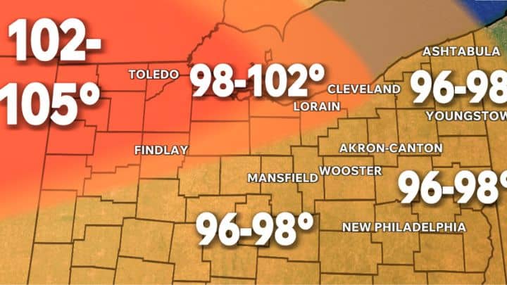 Heat advisory update showing school closures and high temperature alerts in Northeast Ohio on BDUS News 24.