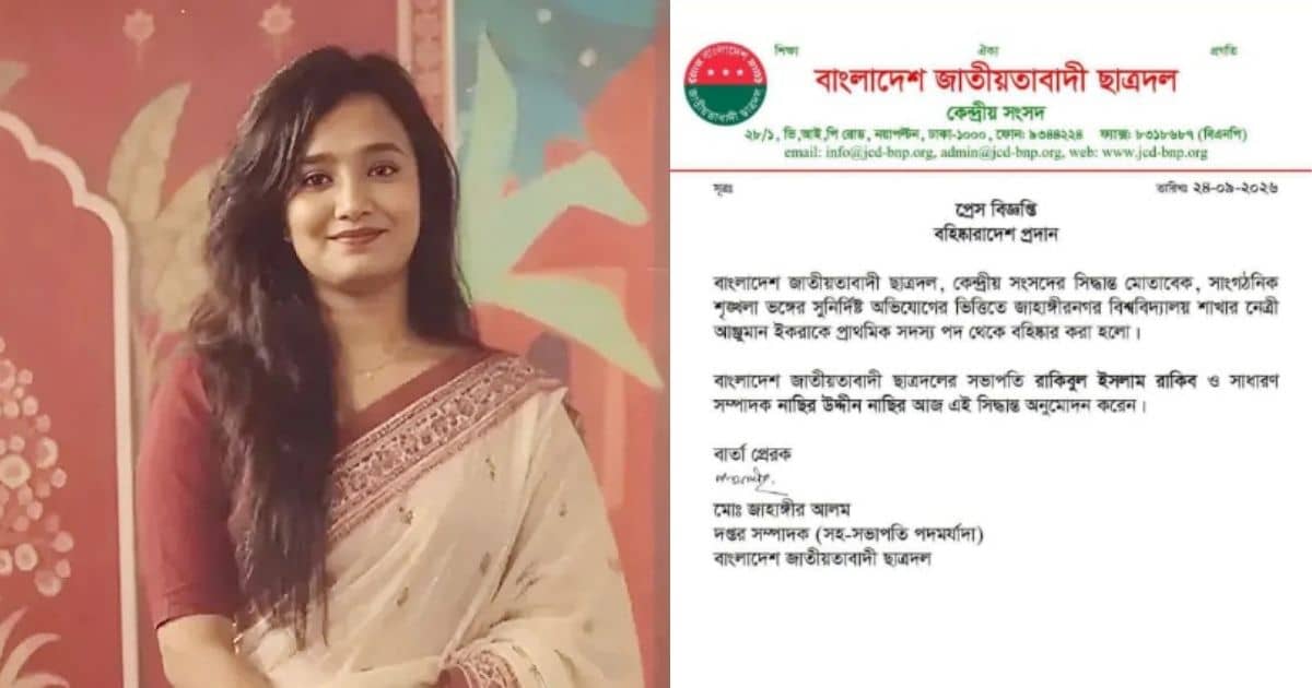 জাহাঙ্গীরনগর বিশ্ববিদ্যালয় শাখা ছাত্রদল নেত্রী আঞ্জুমান ইকরা এবং ছাত্রদলের কেন্দ্রীয় সংসদের বহিষ্কারাদেশের প্রেস বিজ্ঞপ্তি