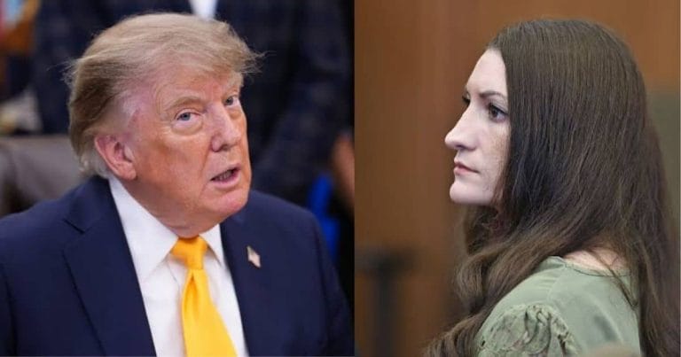 Donald Trump and Lindsay Clancy, split-panel portrait.