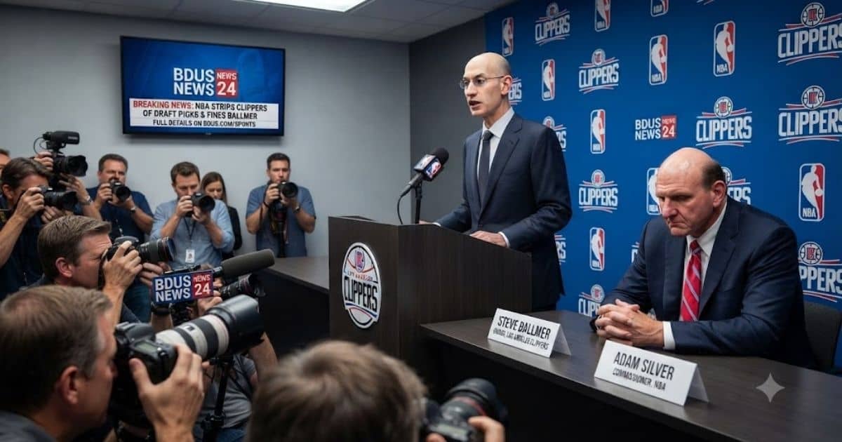 NBA logo and Los Angeles Clippers team branding featured in breaking sports news update on BDUS News 24.