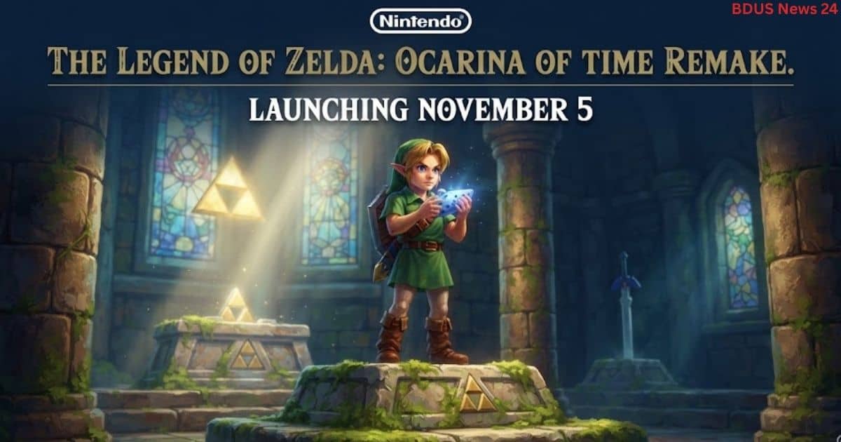 Link holding the ocarina in The Legend of Zelda Ocarina of Time Remake announcement for Switch 2
