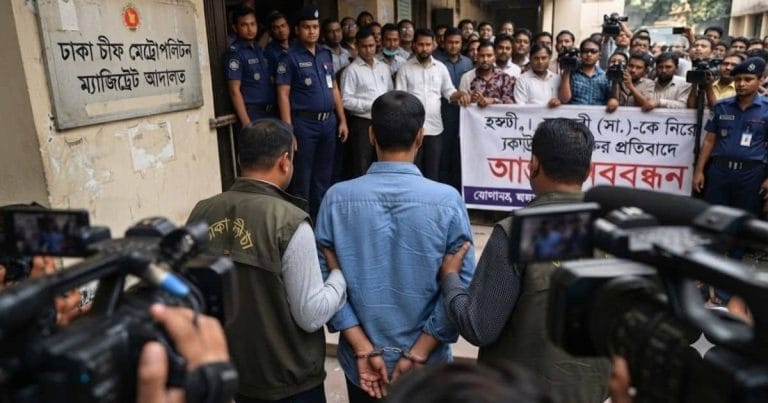মহানবী (সা.)-কে নিয়ে কটূক্তির অভিযোগে গ্রেপ্তার আসামিকে ঢাকা চিফ মেট্রোপলিটন ম্যাজিস্ট্রেট আদালতে নেওয়ার সময় বিক্ষোভ ও গণমাধ্যমের উপস্থিতি, কভার করেছে BDUS News 24.