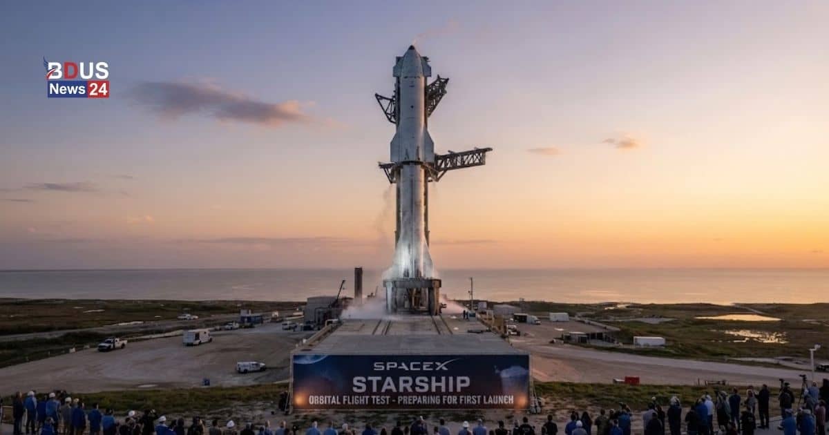 SpaceX Starship rocket on launch pad preparing for its first orbital flight test