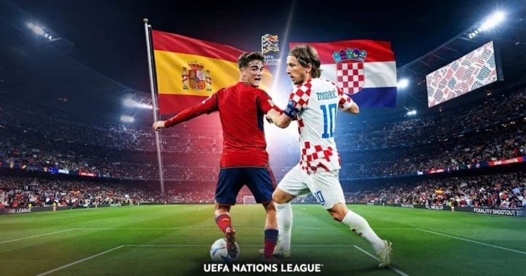 Spain vs Croatia UEFA Nations League football match graphic with team flags.