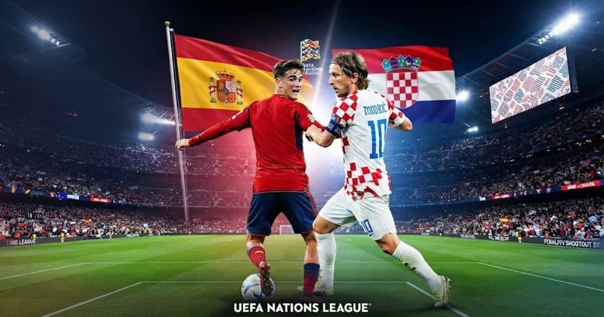 Spain vs Croatia UEFA Nations League football match graphic with team flags.