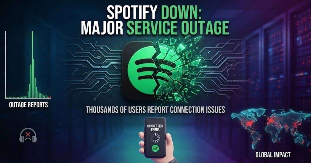 Spotify down major service outage infographic showing connection errors and global impact.