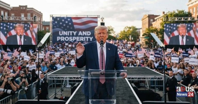 Donald Trump speaking at a political rally
