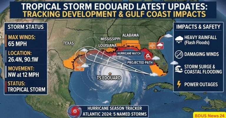 Satellite tracking map showing Tropical Storm Edouard forming over the Gulf of Mexico.