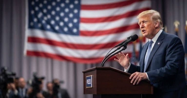 Donald Trump speaking at a press conference podium with an American flag in the background on BDUS News 24