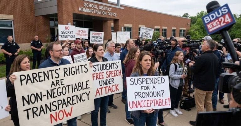 Parents and students protesting outside a school district administration office against strict pronoun policies and hidden transitions, covered by BDUS News 24.