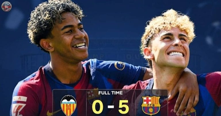 A celebratory graphic showing FC Barcelona players Lamine Yamal (left) and Gavi (right), with a full-time scoreline of 0-5 against Valencia.