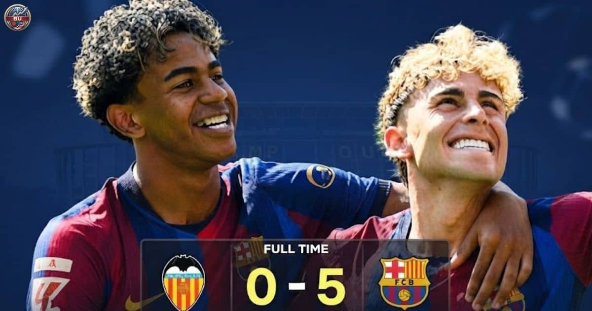 A celebratory graphic showing FC Barcelona players Lamine Yamal (left) and Gavi (right), with a full-time scoreline of 0-5 against Valencia.