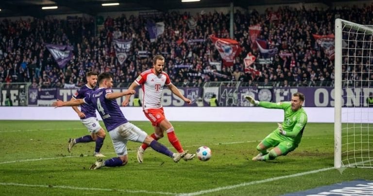 Action shot from the football match between VfL Osnabrück and FC Bayern München featured on BDUS News 24 sports update.