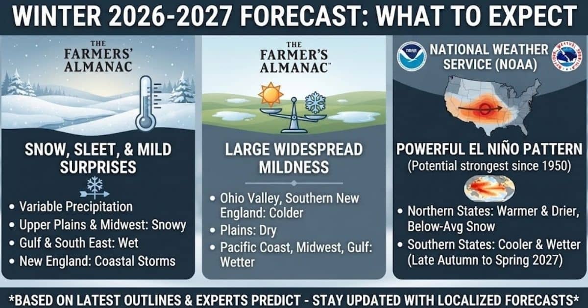 Winter 2026-2027 forecast infographic comparing predictions from the Farmers Almanac, Old Farmers Almanac, and National Weather Service NOAA.