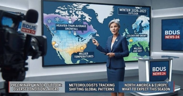 News studio broadcast on BDUS News 24 showing the winter weather outlook map for North America and Europe.