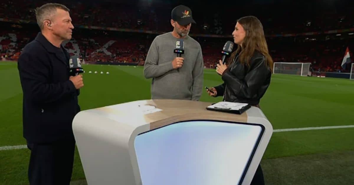 Jurgen Klopp in conversation with moderator Laura Wontorra and expert Lothar Matthaus in the stadium