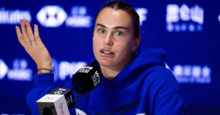 Tennis player Aryna Sabalenka speaking during a press conference about her US Open performance.