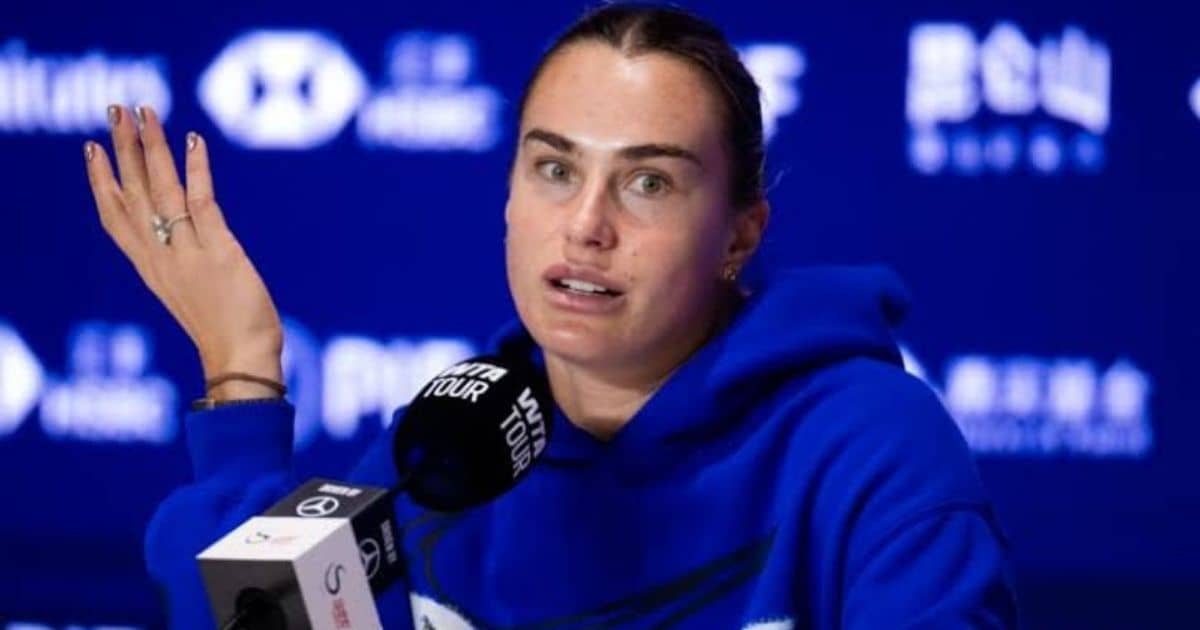 Tennis player Aryna Sabalenka speaking during a press conference about her US Open performance.