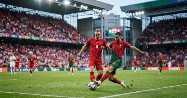 Denmark and Portugal players in action during a UEFA Nations League match at Parken Stadium