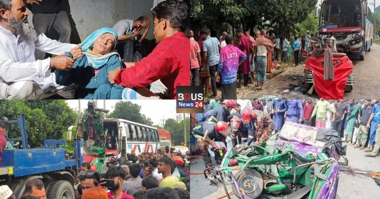 ময়মনসিংহে বাস ও সিএনজিচালিত অটোরিকশার মুখোমুখি সংঘর্ষে হতাহতদের উদ্ধারকাজ এবং স্বজনদের কান্নার দৃশ্য